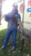 A plumber holds a sewer snake, with a 4 foot long ball of roots hanging off of it.